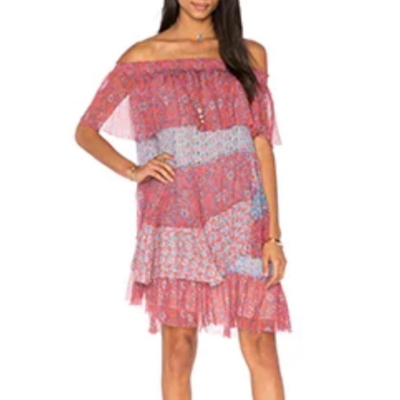Rebecca Taylor dress patchwork tiered raw hem off the shoulder lined‎ 0 silk - Picture 9 of 9